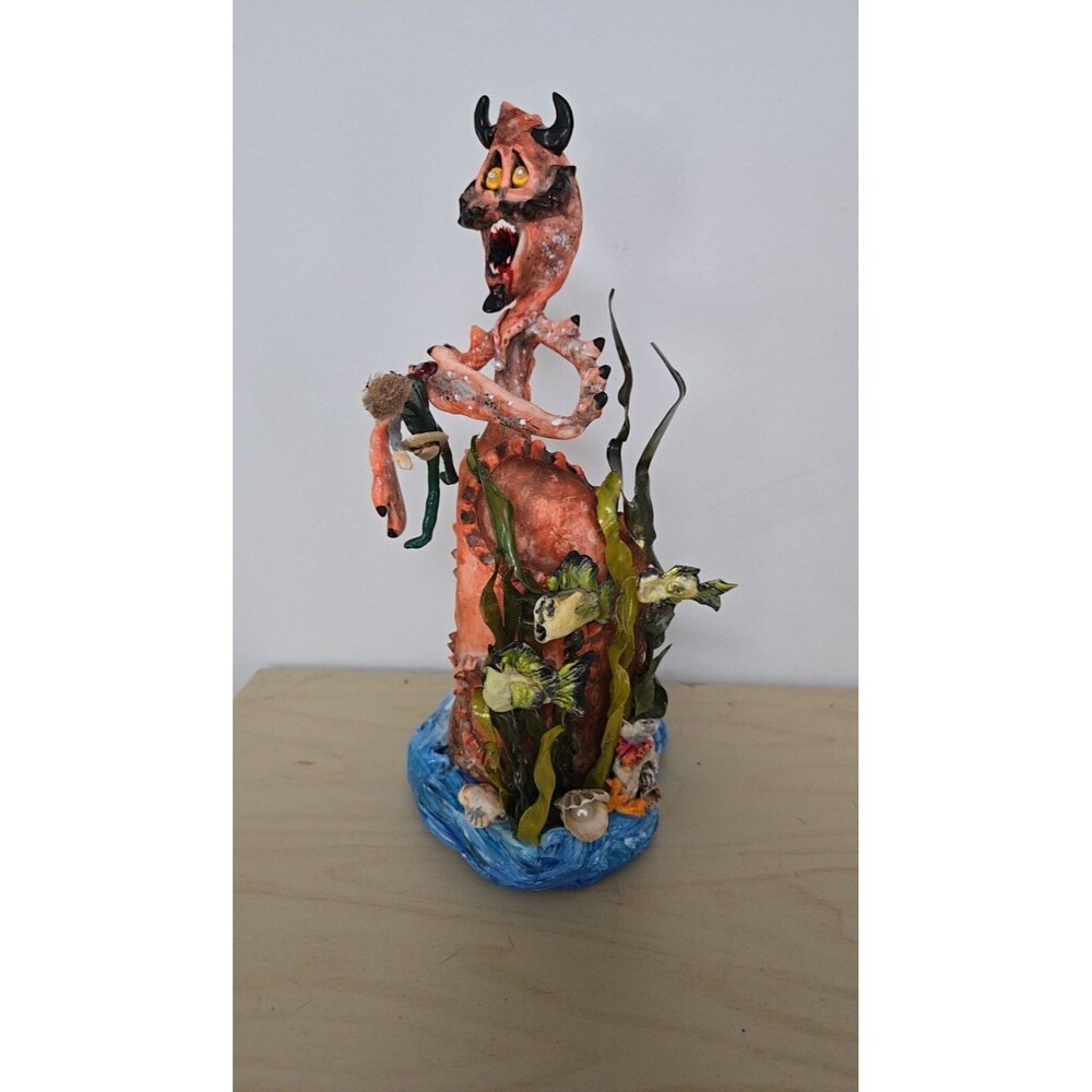 OOAK Creepy Oddity Art Doll Clay Horror Figure Lobster Creature Eating Fisherman